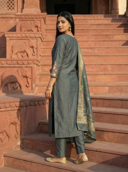 Pure Banarasi Silk Suit Set in Deep Teal Grey with Zardozi Embroidery & Rich Banarasi Dupatta – Set of 3 Pieces