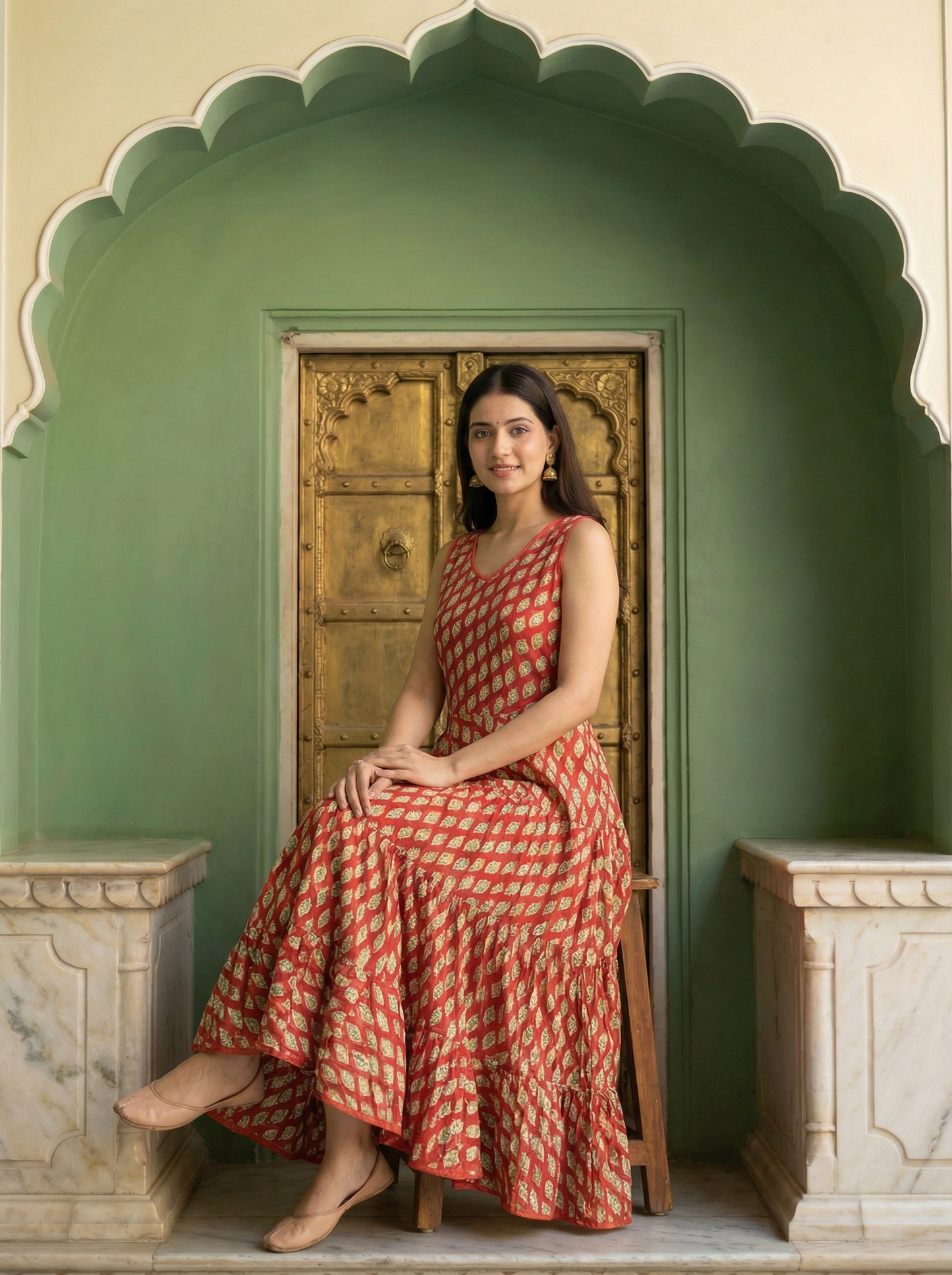 Soft Cambric Cotton Hand Block Floral Print Anarkali Kurti with Heavy Flare