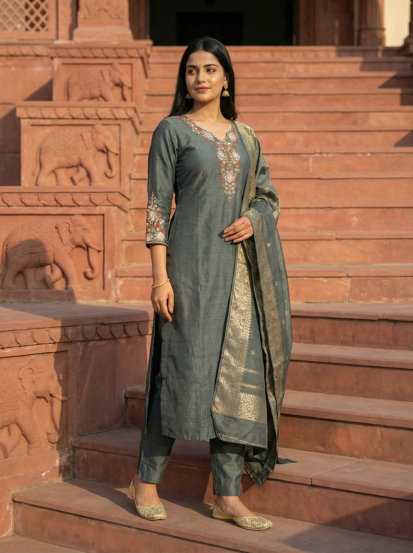 Pure Banarasi Silk Suit Set in Deep Teal Grey with Zardozi Embroidery & Rich Banarasi Dupatta – Set of 3 Pieces
