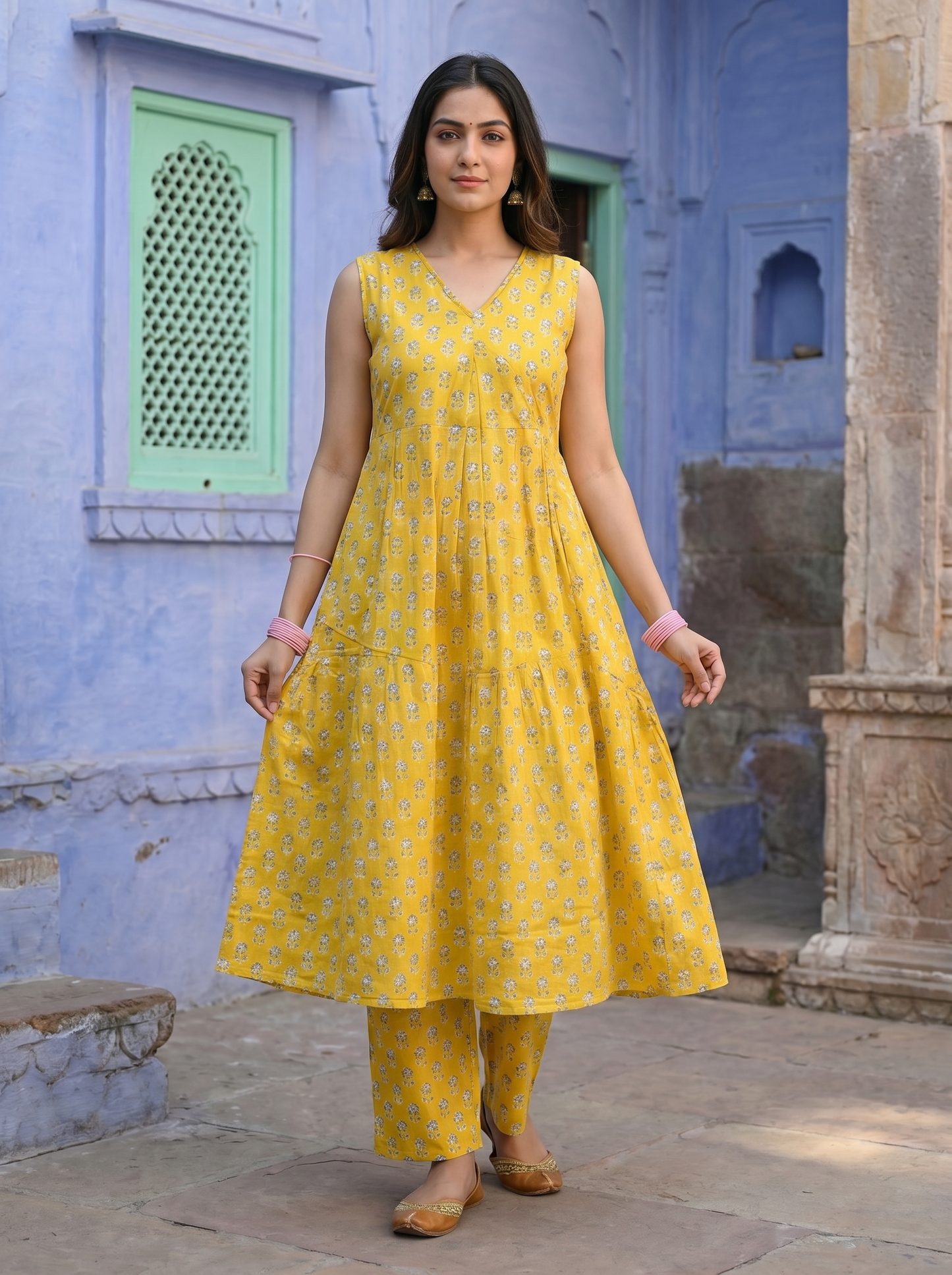 Sunshine Yellow Butti Block Print Tiered Anarkali Set