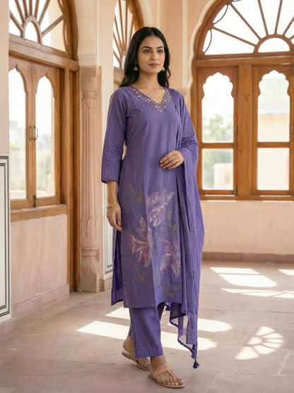Purple Floral Embroidered Straight Suit Set | 100% Pure Cotton | Straight Kurti + Pant + Dupatta | Set of 3 Pieces