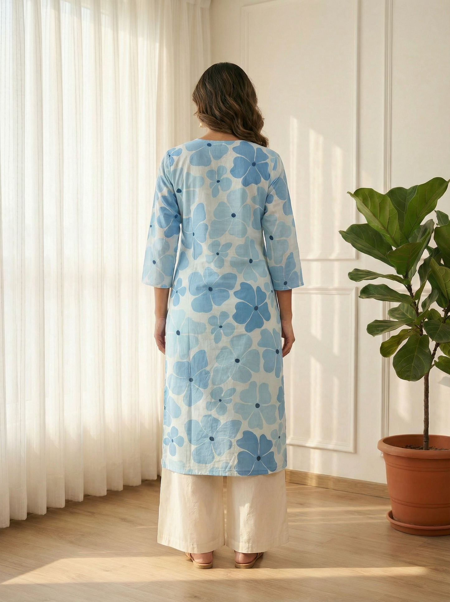 Blue Blossom Premium CottonEmbroidered Straight Kurta