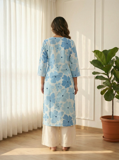 Blue Blossom Premium CottonEmbroidered Straight Kurta