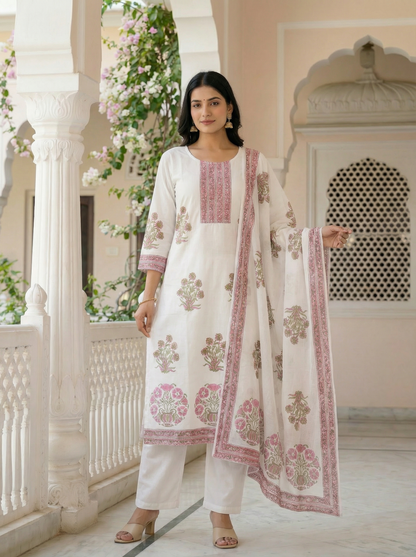 Ivory Handblock Printed Premium Soft  Cotton Suit Set with Blush Pink Motifs (3-Piece)