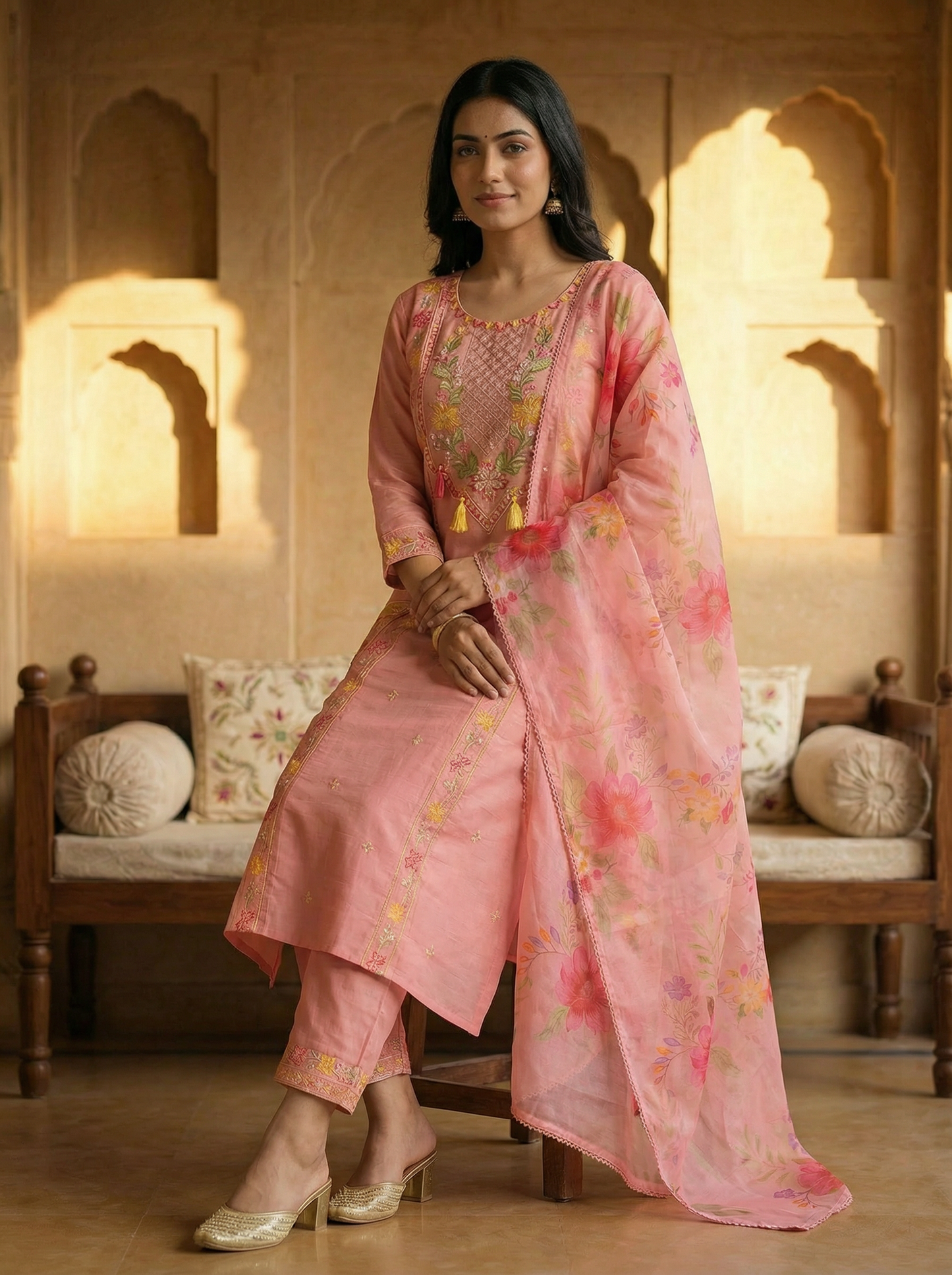 Blush Pink Embroidered Kurta Set with Floral Dupatta — 3 Piece | With front Embroidered Pockets