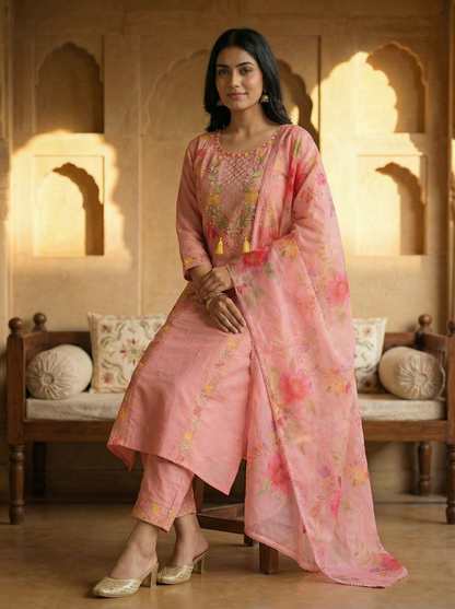 Blush Pink Embroidered Kurta Set with Floral Dupatta — 3 Piece | With front Embroidered Pockets