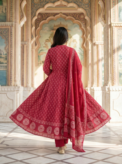 Crimson red Bandhani Print Anarkali Suit Set of 3 peices