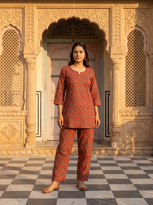 Soft Terracotta Mughal Leaf Butti Block Print Co-ord Set