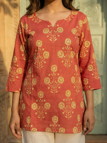 Rust Marigold Butti premium Cotton handblock Print Short Kurti