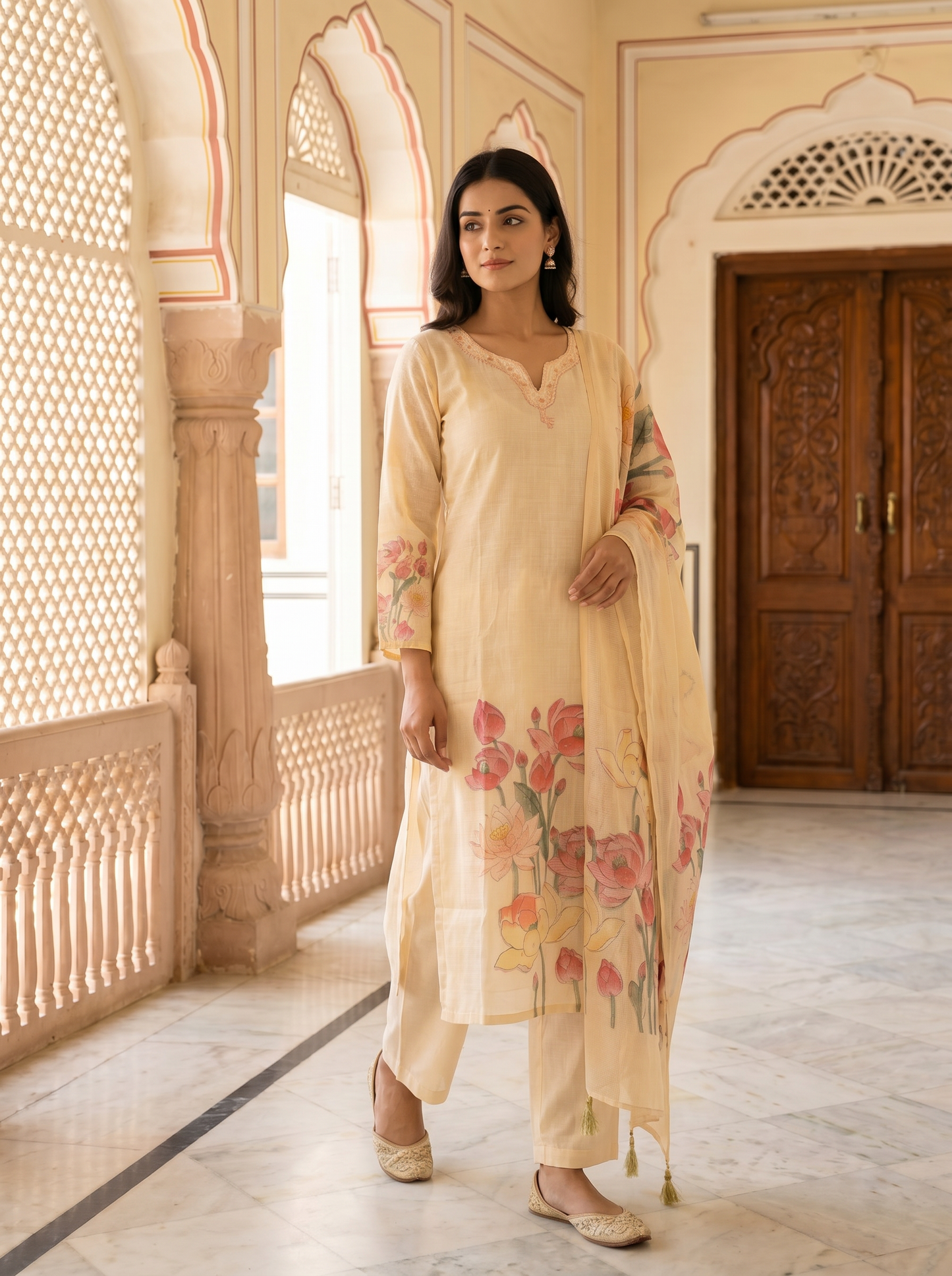 Ivory Gold kalamkari handblock Print Kota Doria Suit Set of 3 peices