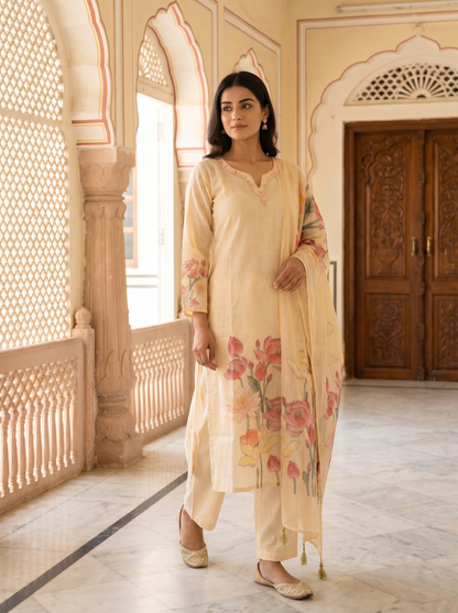 Ivory Gold kalamkari handblock Print Kota Doria Suit Set of 3 peices