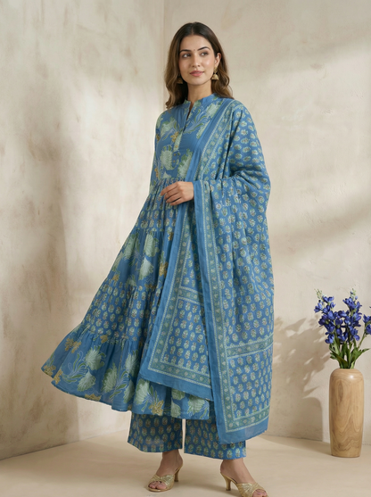 Soft Indigo Blue Floral Printed 100% Pure Cotton Anarkali Suit Set of 3 Pieces