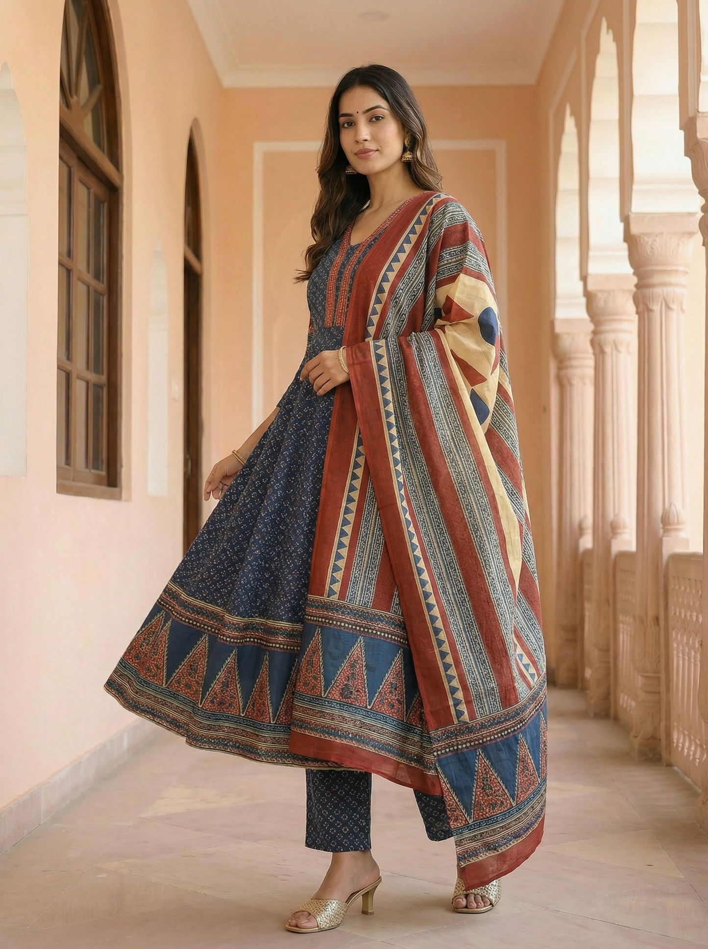 Indigo Ajrakh Anarkali Suit Set | 100% Pure Cotton Printed | Flared Anarkali Kurti + Straight Pant + Dupatta | 3-Piece Set