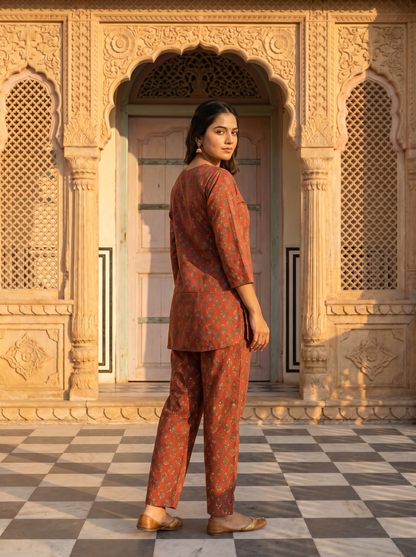 Soft Terracotta Mughal Leaf Butti Block Print Co-ord Set