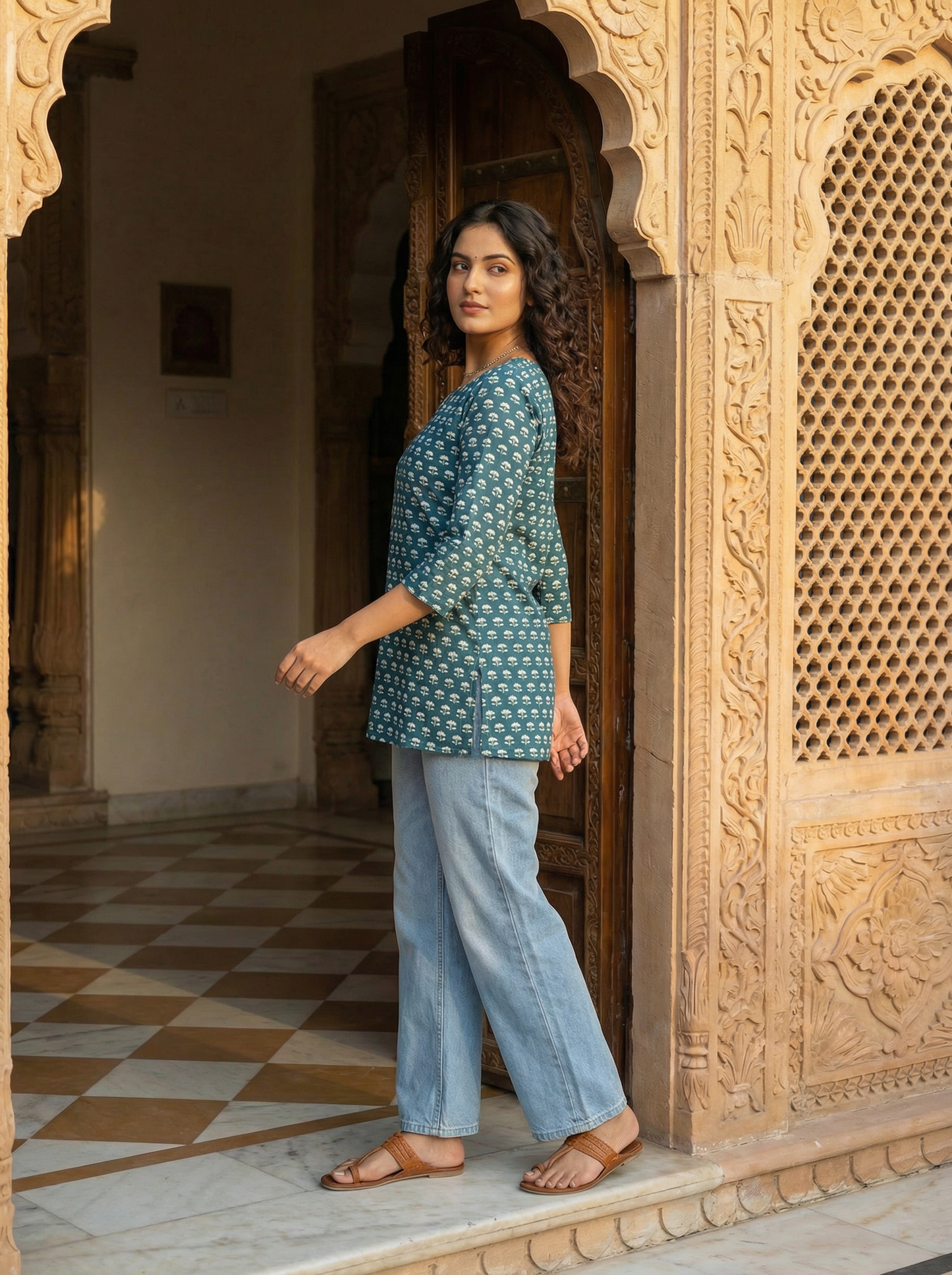 Teal Lotus Butti premium Cotton Short Kurti