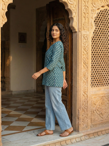 Teal Lotus Butti premium Cotton Short Kurti