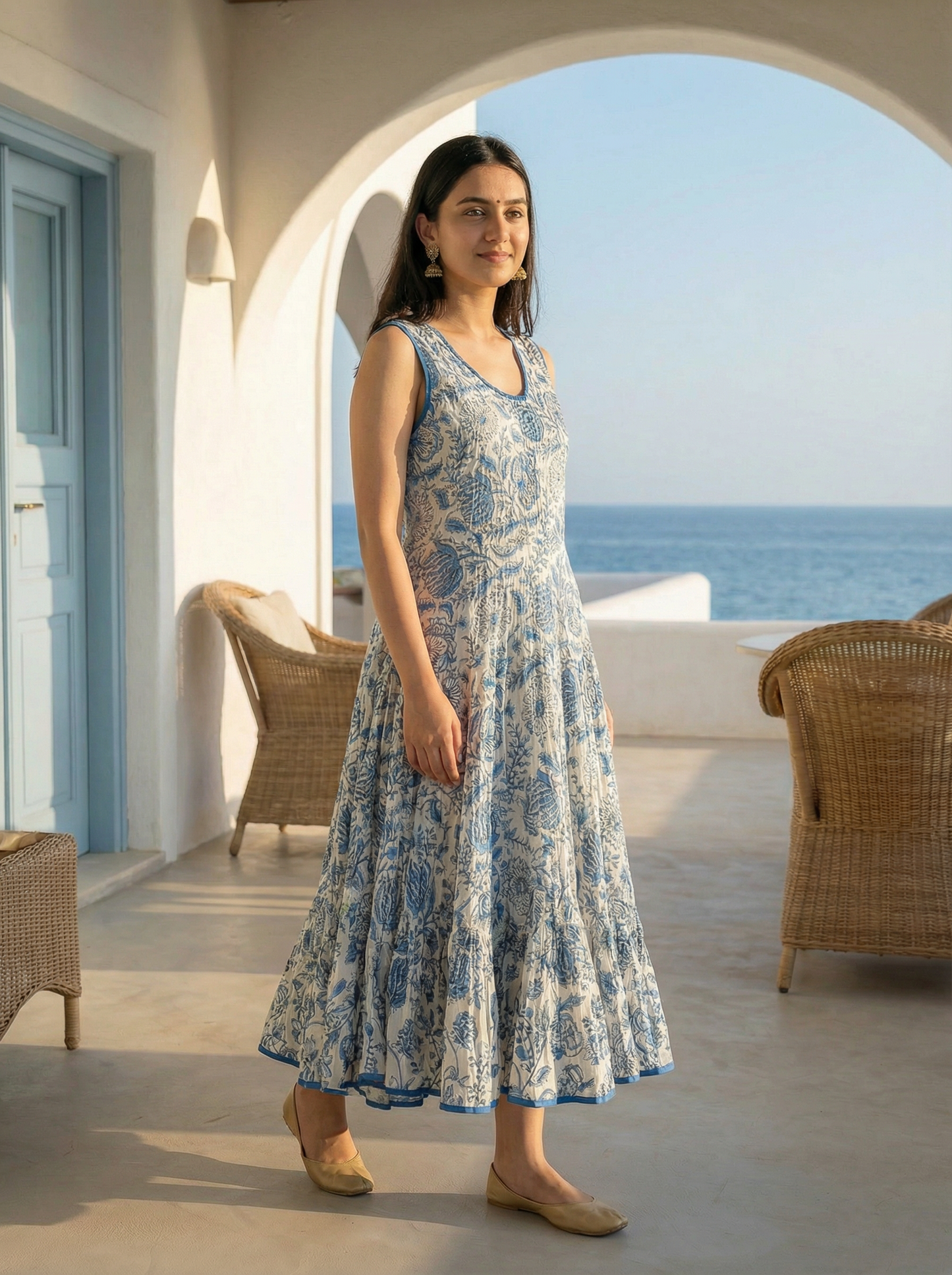 Soft Cambric Cotton Hand Block Floral Print Anarkali Kurti with Heavy Flare