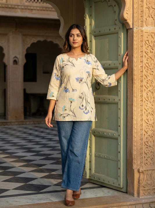 Premium Cotton Flower Sketch Short Kurti