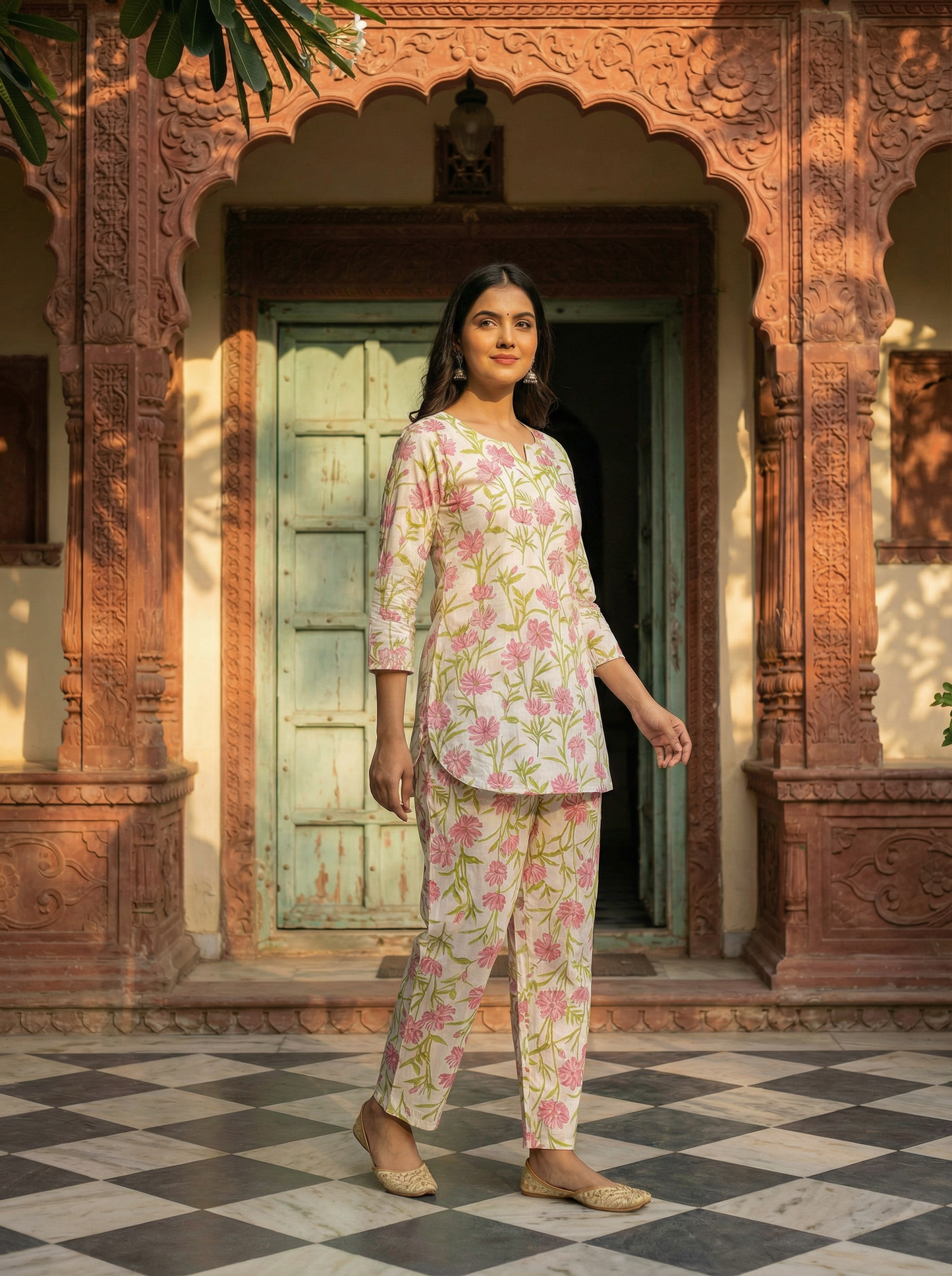 Ivory White Pure Cotton Floral Blush Block Print · 2-Piece Set
