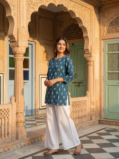 Teal Blue · Pink Tulip & Kalgi Butti · Pure Cotton · Short Kurti