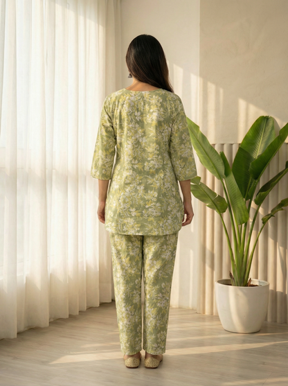 Meadow Bloom Cotton Co-ord Set
Sage Green · Floral Block Print · 2-Piece Set