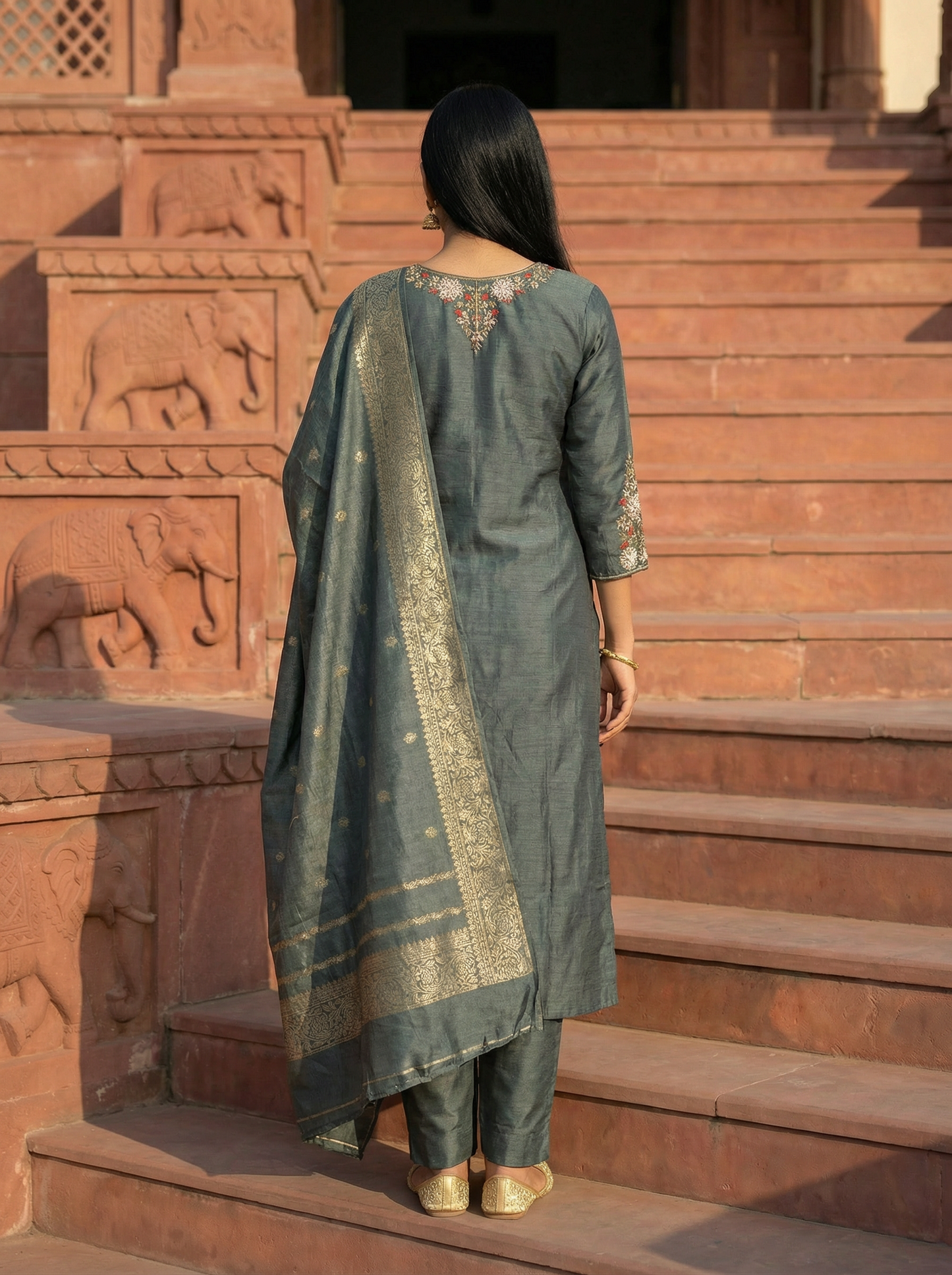 Pure Banarasi Silk Suit Set in Deep Teal Grey with Zardozi Embroidery & Rich Banarasi Dupatta – Set of 3 Pieces