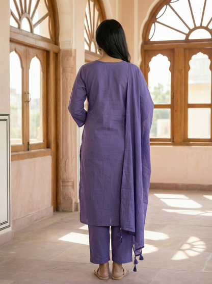 Purple Floral Embroidered Straight Suit Set | 100% Pure Cotton | Straight Kurti + Pant + Dupatta | Set of 3 Pieces