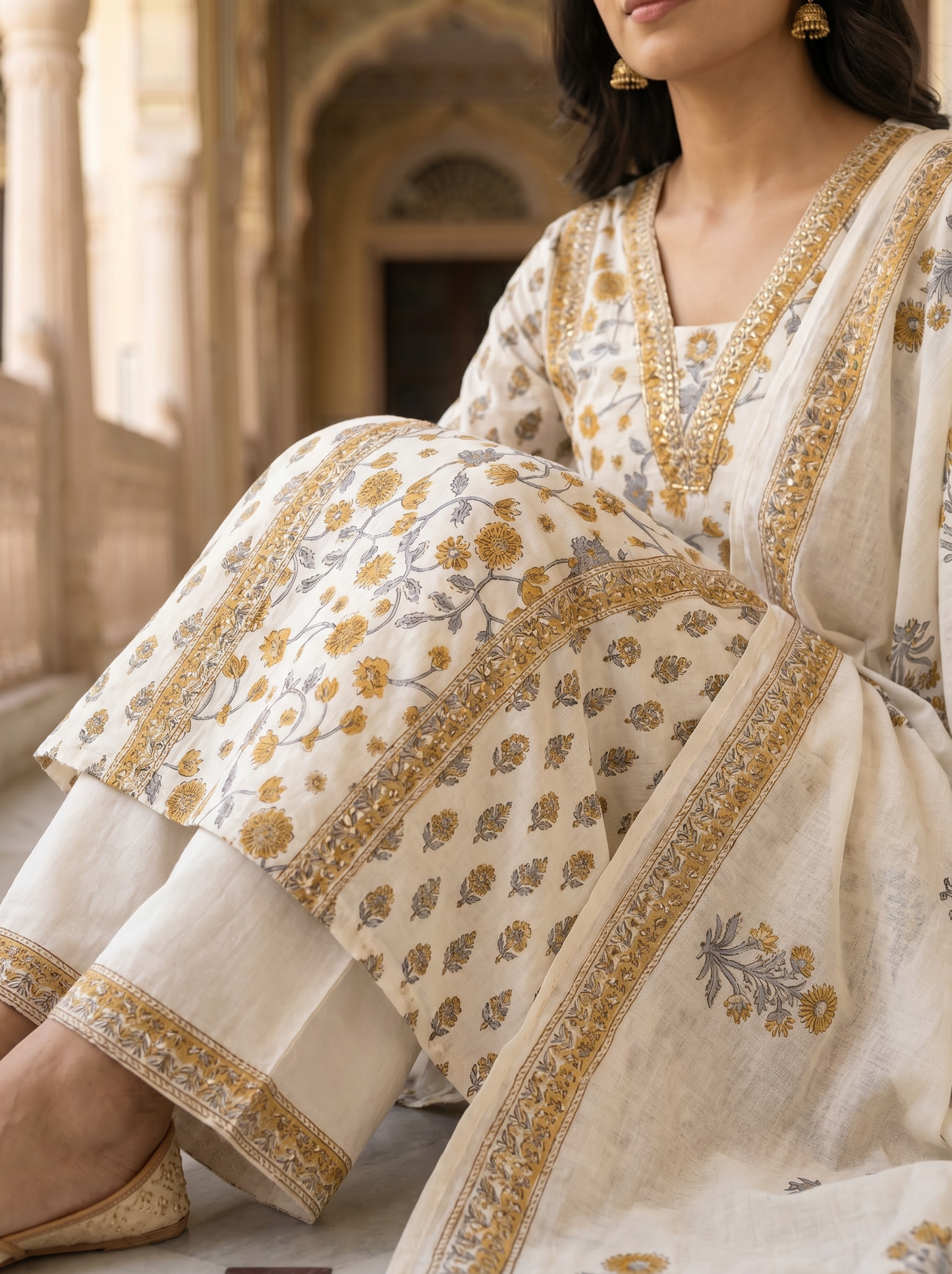 Ivory White Mustard Floral Block Print Suit Set