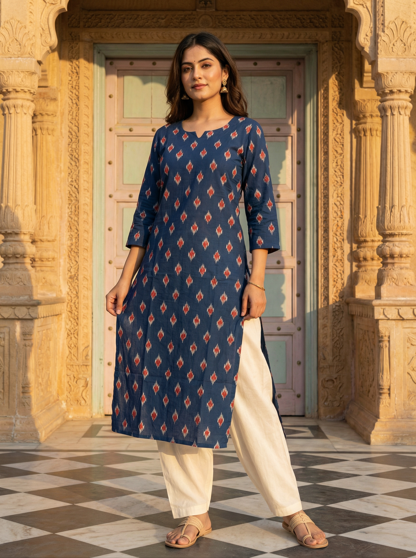 Indigo Premium Cotton Ikat Straight Kurti