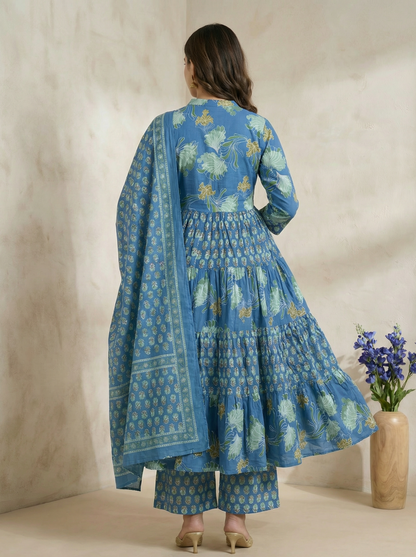 Soft Indigo Blue Floral Printed 100% Pure Cotton Anarkali Suit Set of 3 Pieces