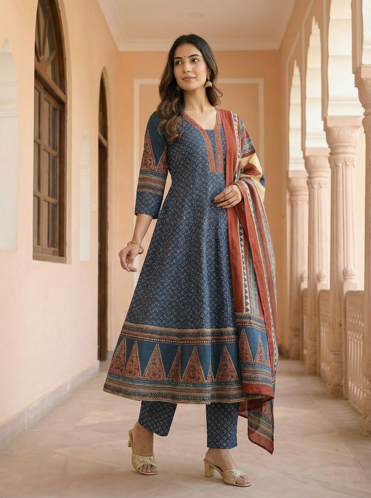 Indigo Ajrakh Anarkali Suit Set | 100% Pure Cotton Printed | Flared Anarkali Kurti + Straight Pant + Dupatta | 3-Piece Set