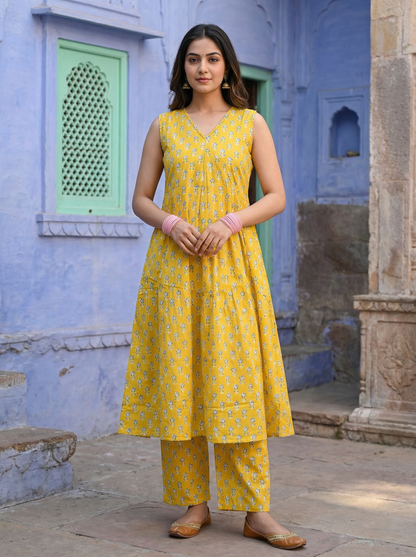 Sunshine Yellow Butti Block Print Tiered Anarkali Set