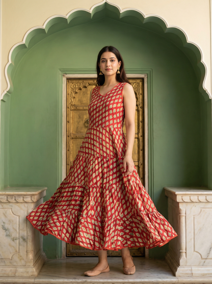 Soft Cambric Cotton Hand Block Floral Print Anarkali Kurti with Heavy Flare