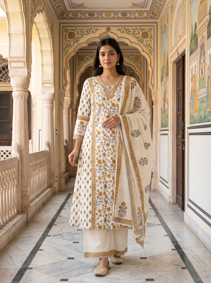 Ivory White Mustard Floral Block Print Suit Set