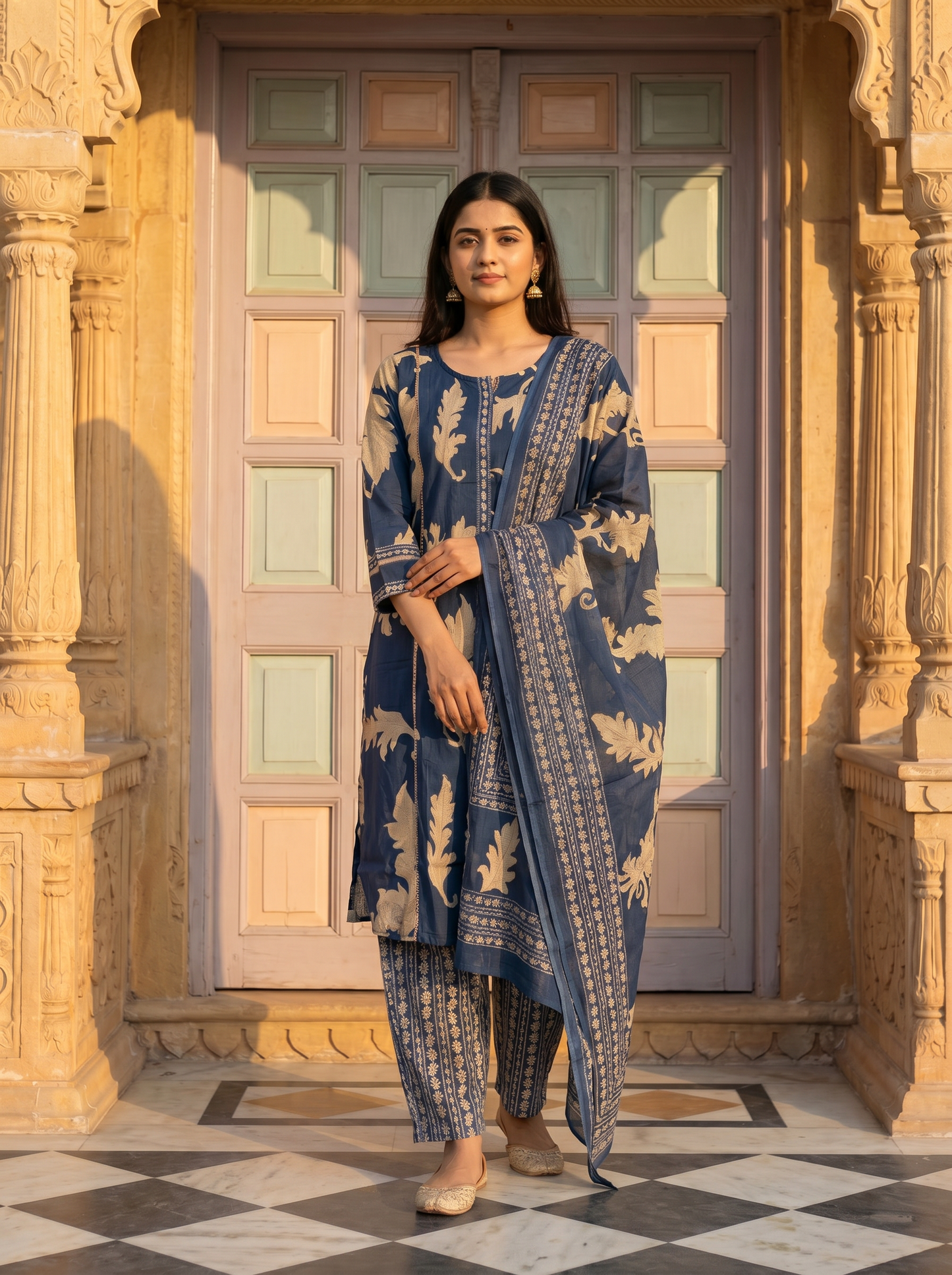 Slate Blue Gold Leaf Block Print Suit Set of 3 peices