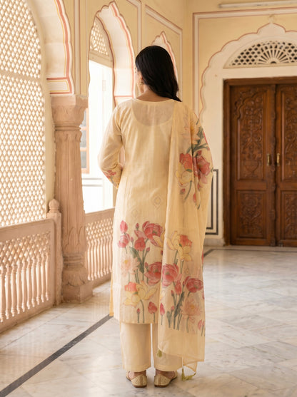 Ivory Gold kalamkari handblock Print Kota Doria Suit Set of 3 peices
