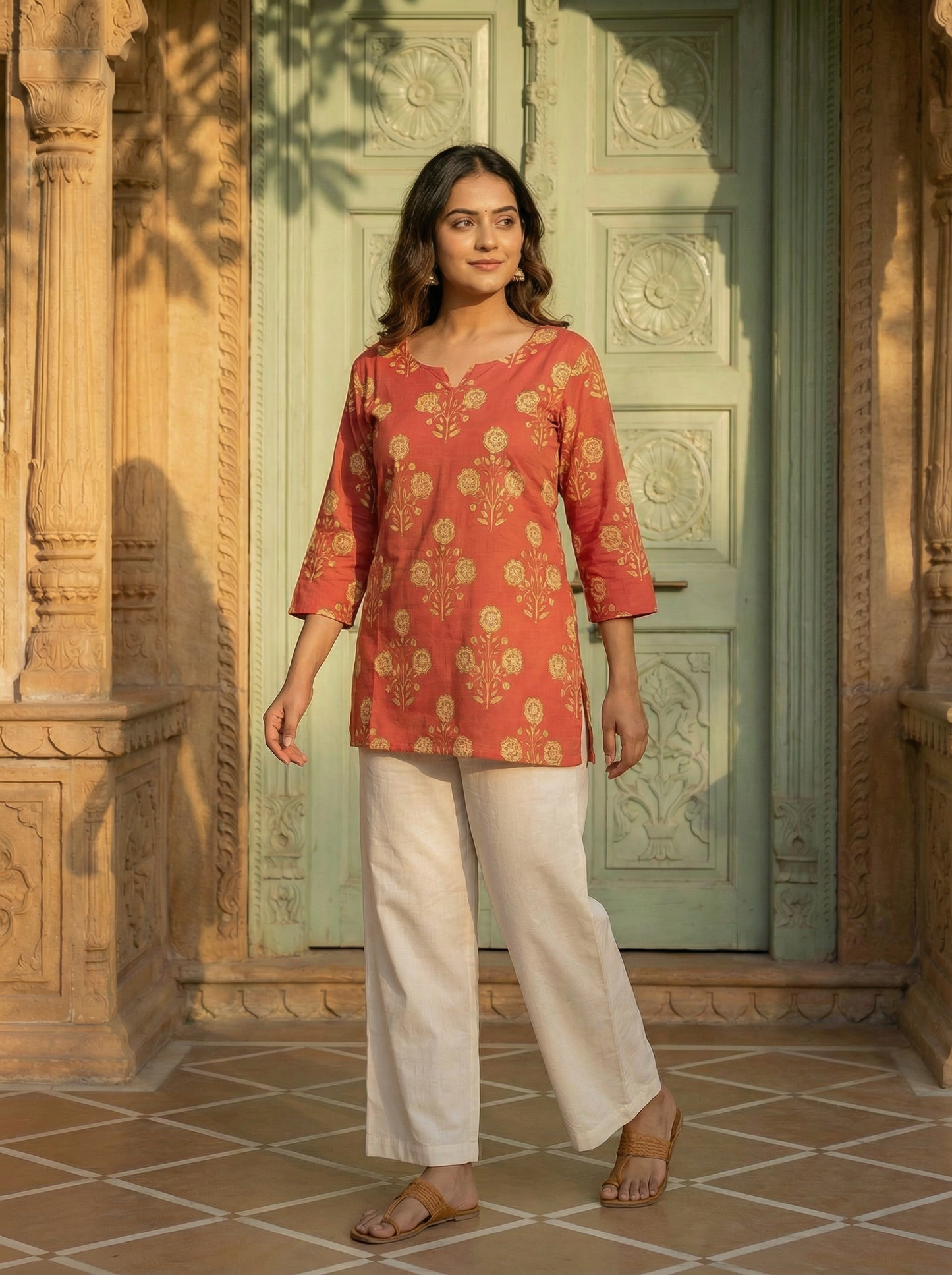 Rust Marigold Butti premium Cotton handblock Print Short Kurti