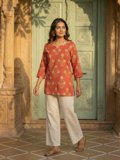 Rust Marigold Butti premium Cotton handblock Print Short Kurti