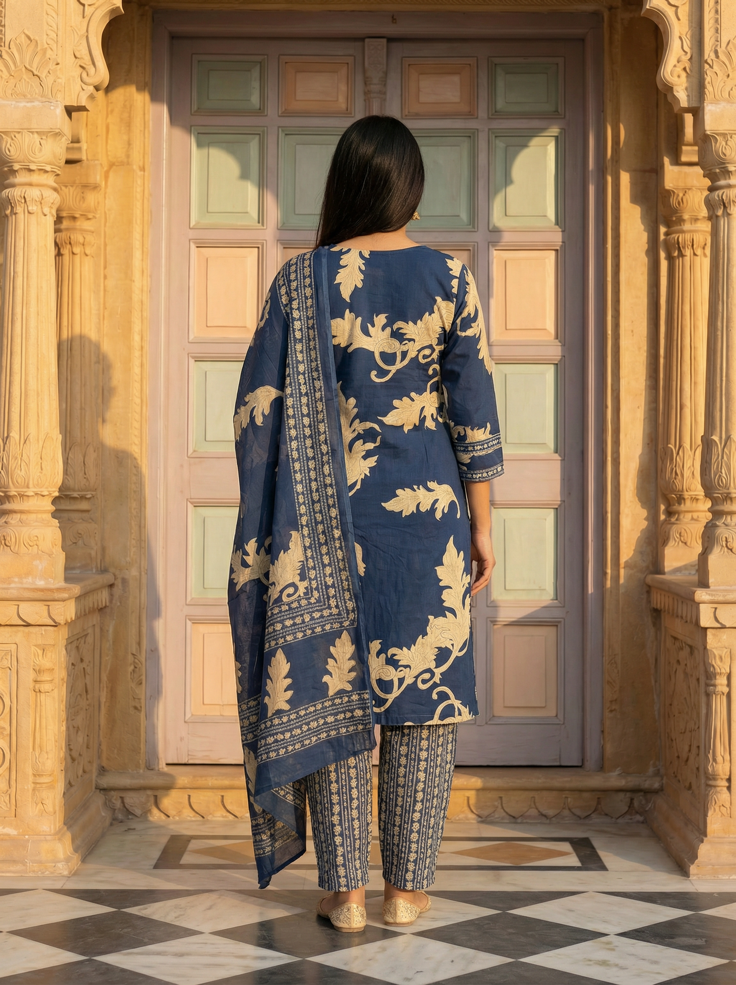 Slate Blue Gold Leaf Block Print Suit Set of 3 peices