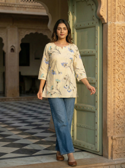 Premium Cotton Flower Sketch Short Kurti
