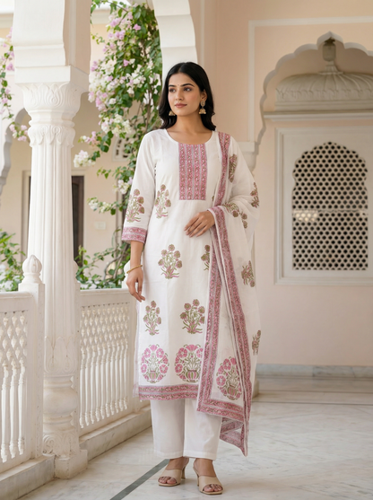Ivory Handblock Printed Premium Soft  Cotton Suit Set with Blush Pink Motifs (3-Piece)