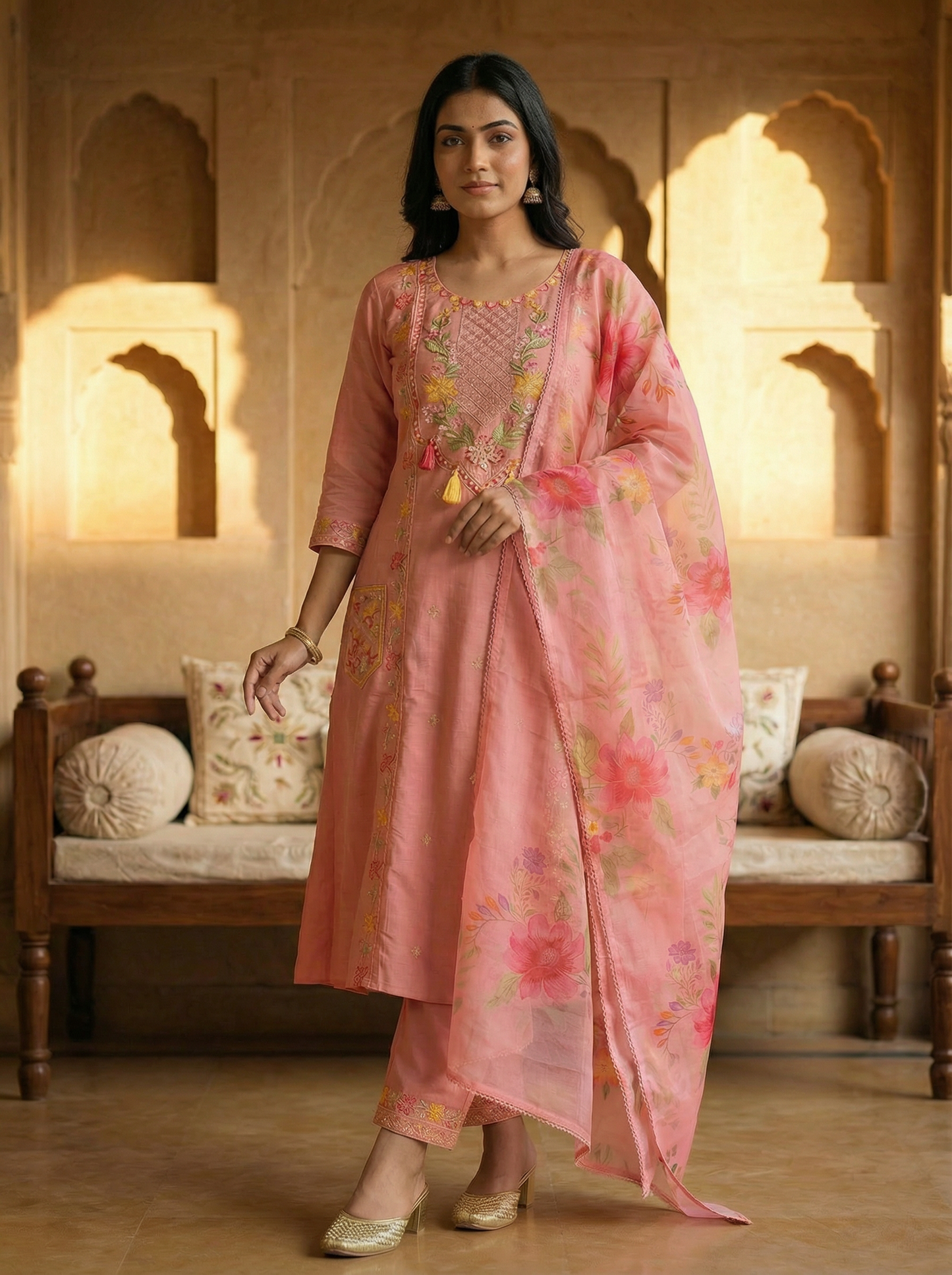 Blush Pink Embroidered Kurta Set with Floral Dupatta — 3 Piece | With front Embroidered Pockets