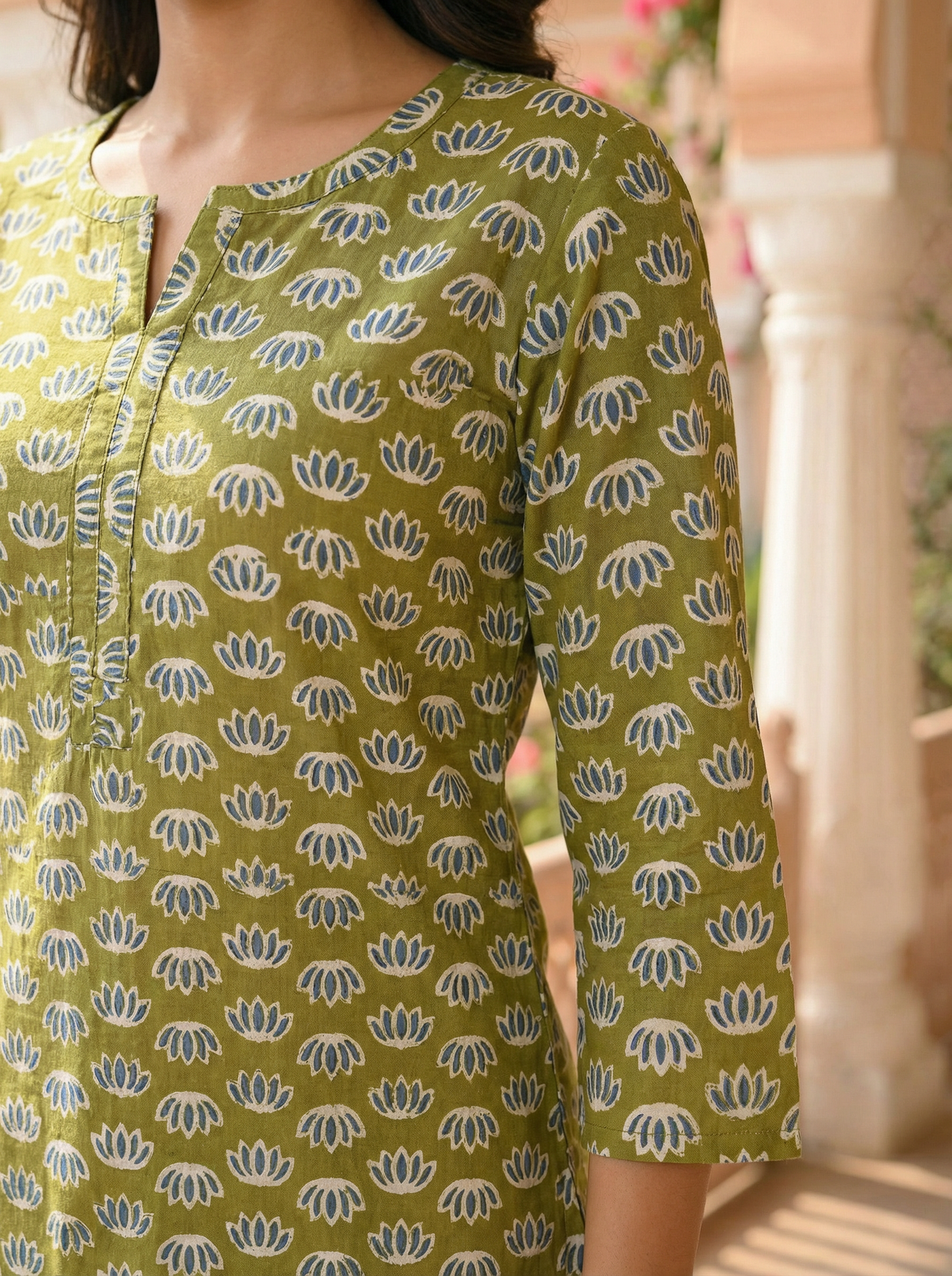 Olive Lotus Handblock Cotton Kurti