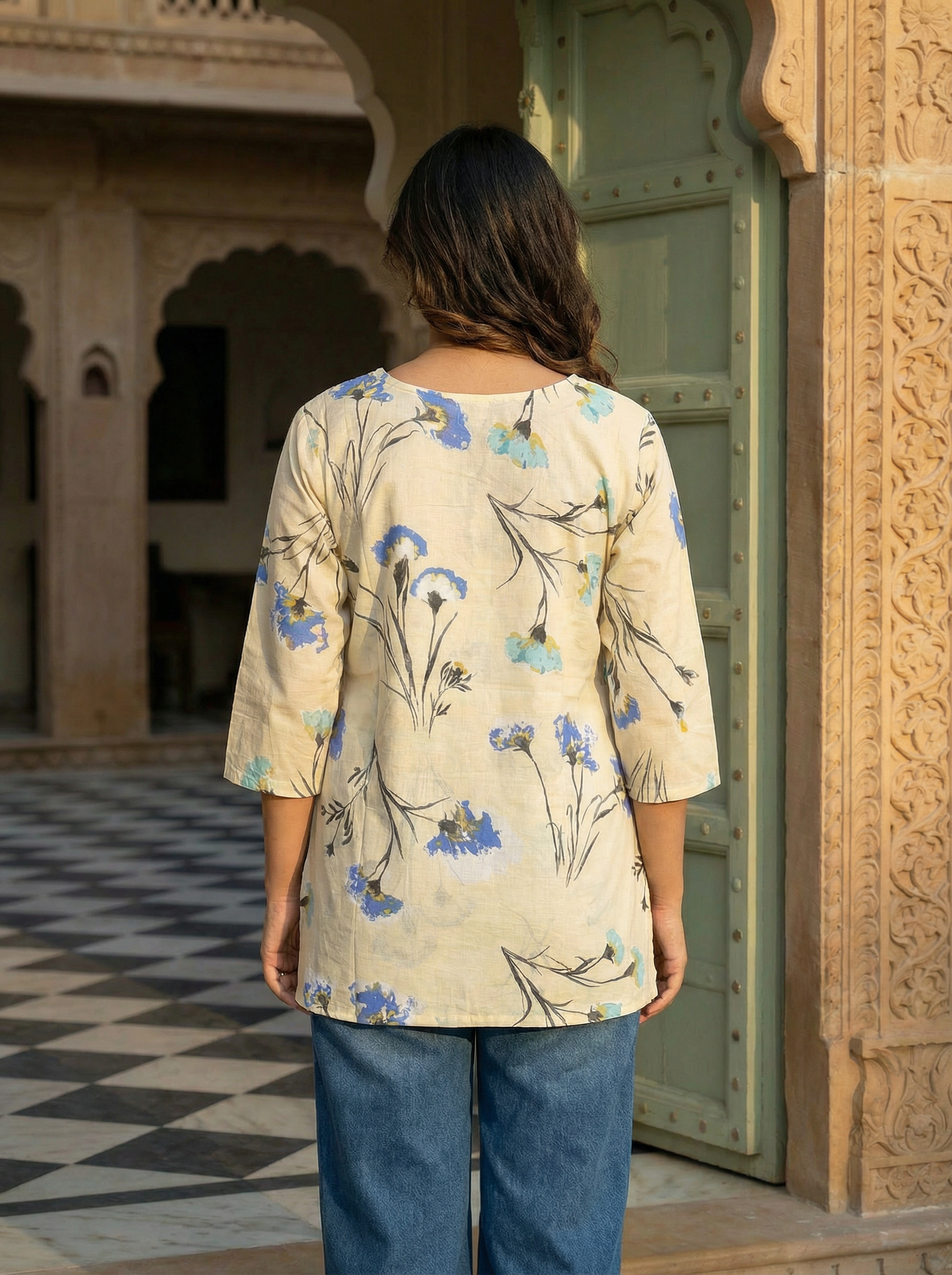 Premium Cotton Flower Sketch Short Kurti