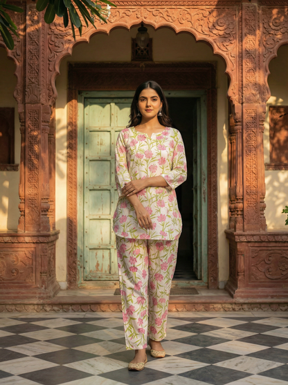Ivory White Pure Cotton Floral Blush Block Print · 2-Piece Set