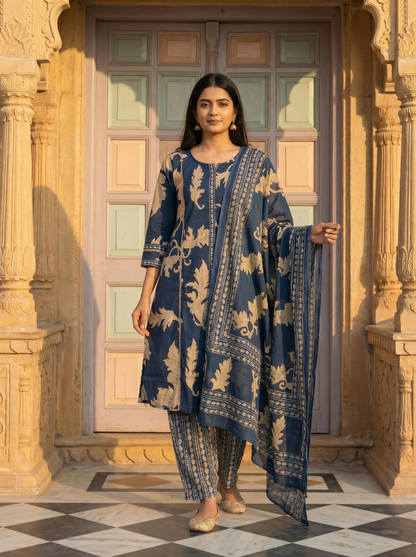Slate Blue Gold Leaf Block Print Suit Set of 3 peices
