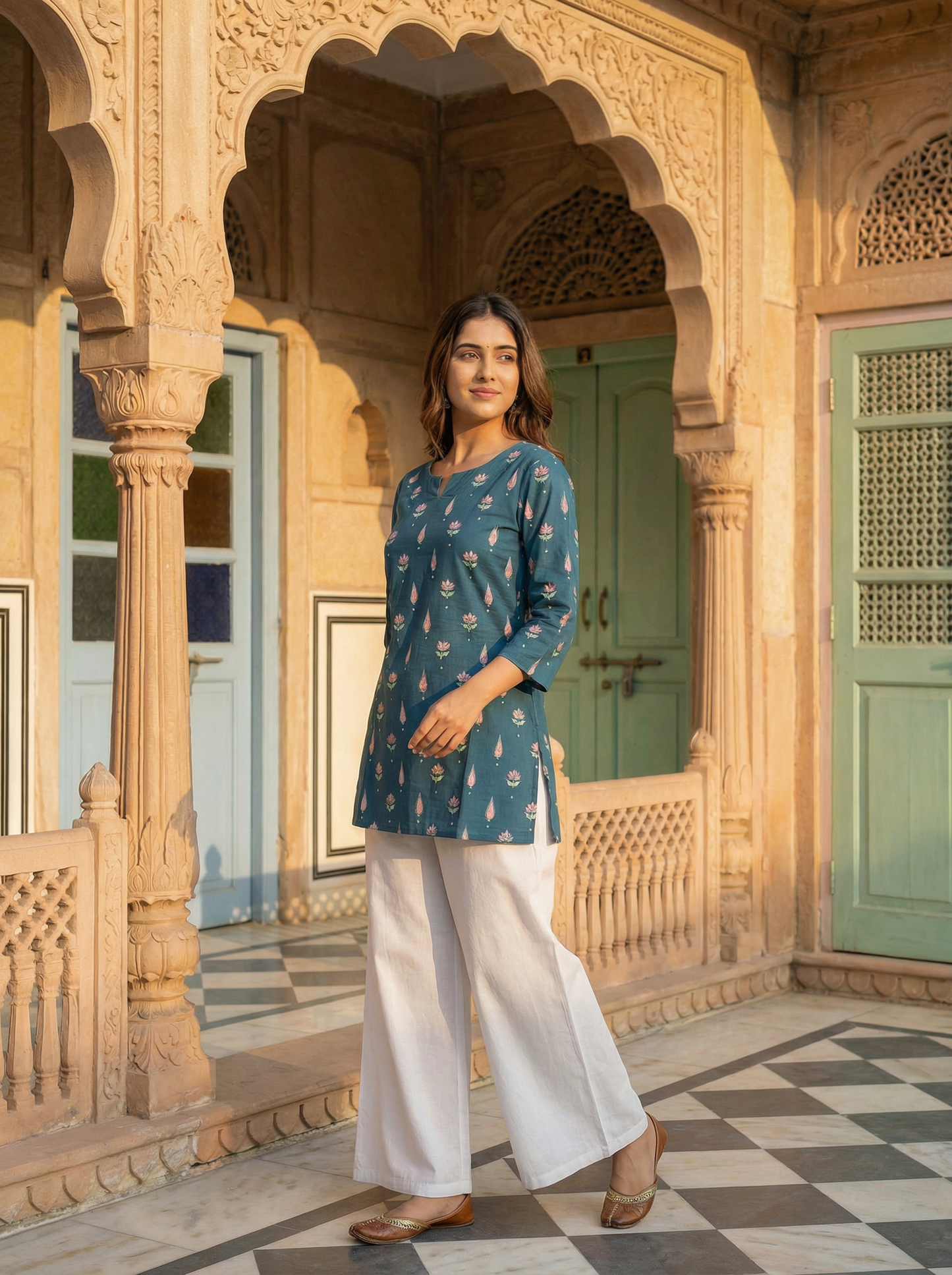 Teal Blue · Pink Tulip & Kalgi Butti · Pure Cotton · Short Kurti