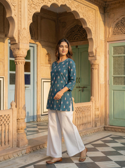 Teal Blue · Pink Tulip & Kalgi Butti · Pure Cotton · Short Kurti