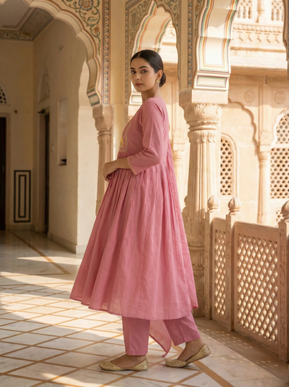 Rose Pink Shekhawati Embroidered Anarkali Suit Set of 3 peices
