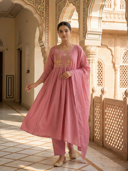 Rose Pink Shekhawati Embroidered Anarkali Suit Set of 3 peices